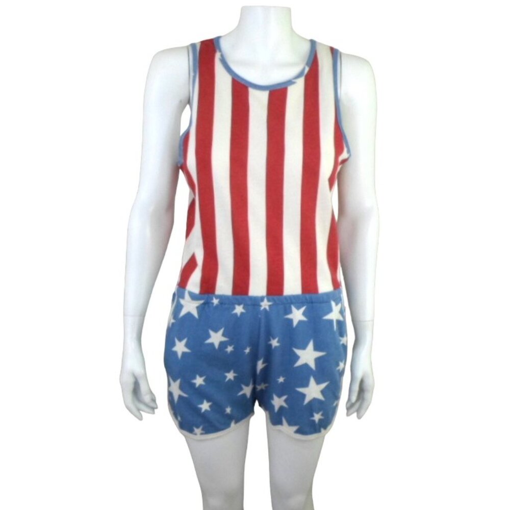 Junk Food American Flag Sleeveless Romper Red White Stripe Blue White Stars sz M